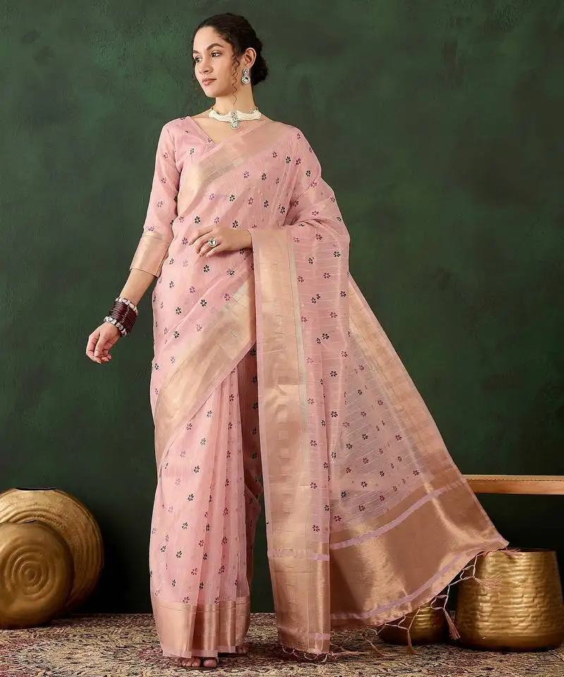 Pink woven designer brush printed khadi organza saree with blouse piece