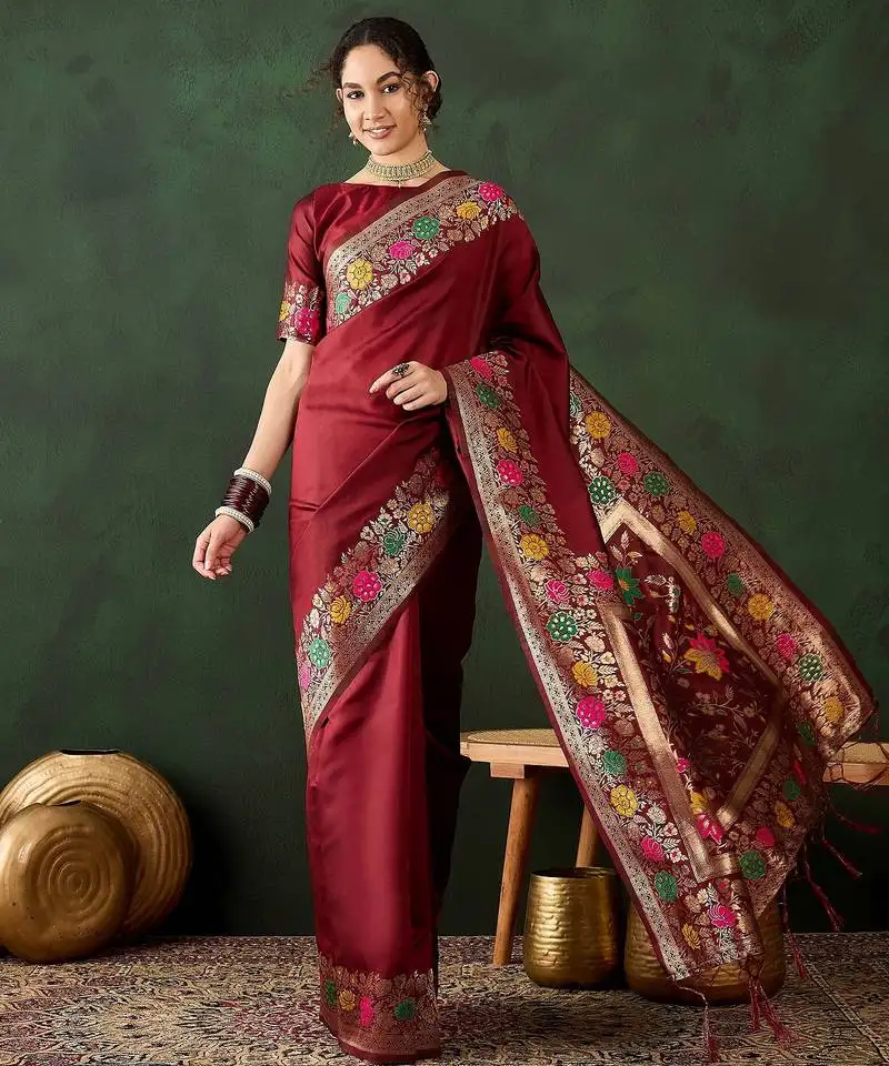 Maroon woven jacquard silk blend saree with blouse piece