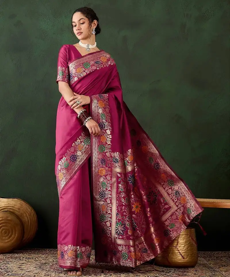 Pink woven jacquard silk blend saree with blouse piece