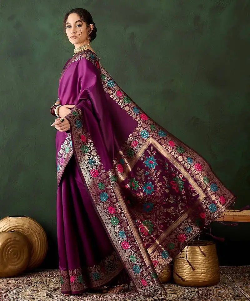 Purple woven jacquard silk blend saree with blouse piece