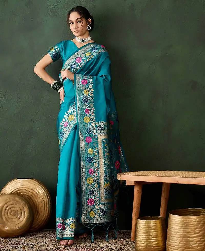 Teal woven jacquard silk blend saree with blouse piece