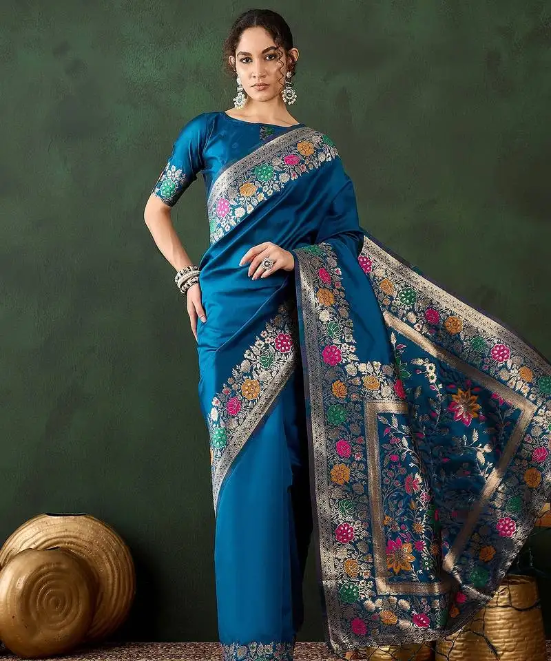 Blue woven jacquard silk blend saree with blouse piece