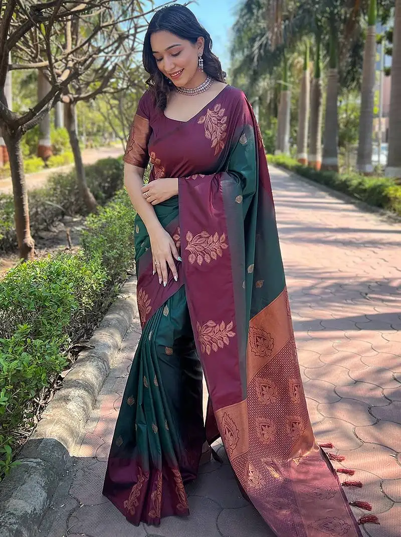 Green weaving jari designer art silk saree with blouse piece