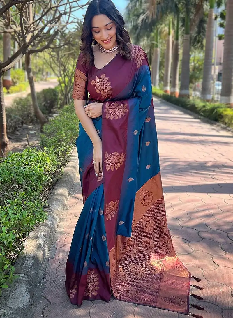 Blue weaving jari designer art silk saree with blouse piece