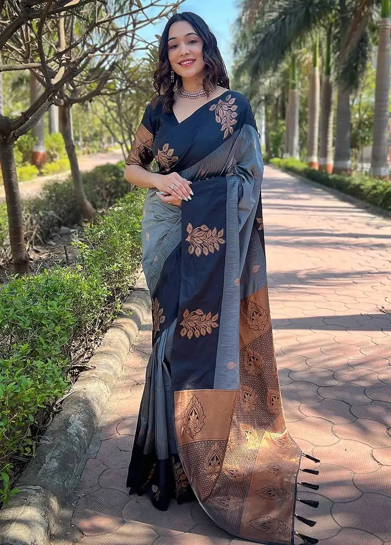 Grey weaving jari designer art silk saree with blouse piece