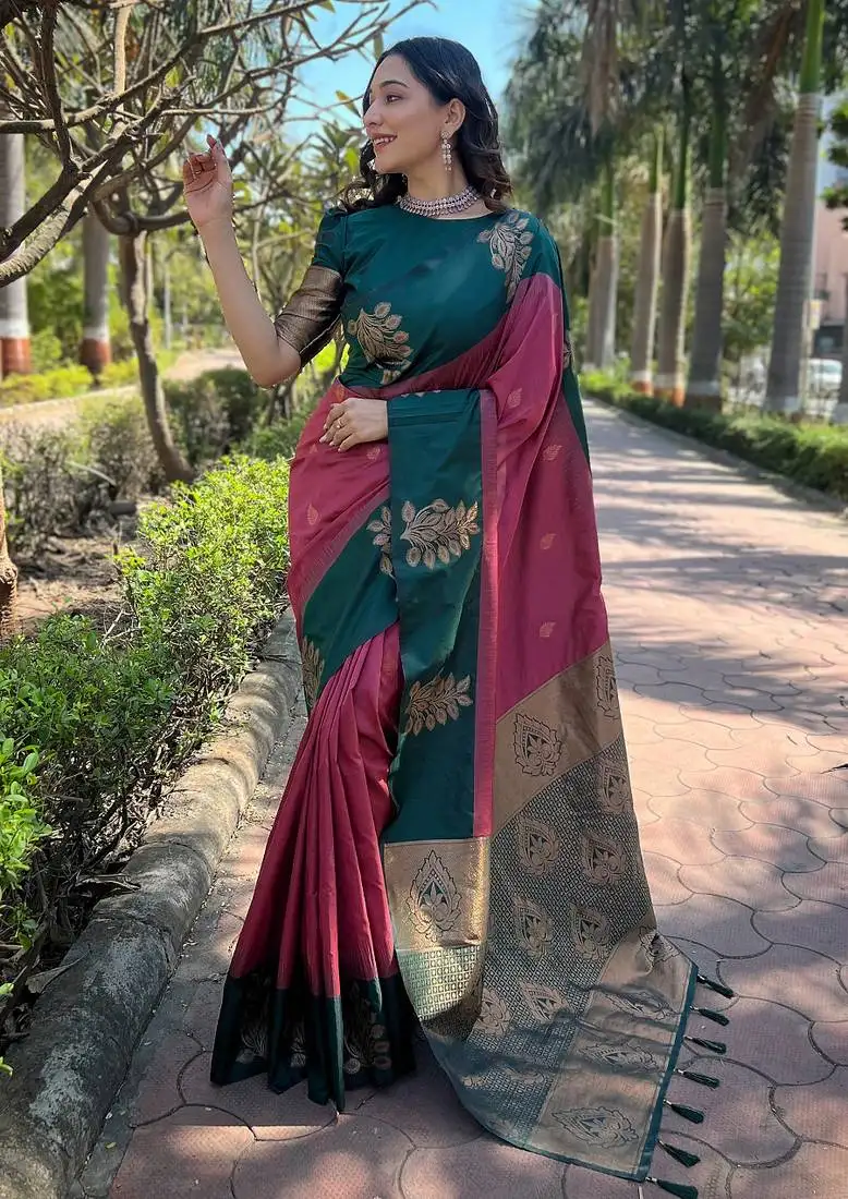 Pink weaving jari designer art silk saree with blouse piece