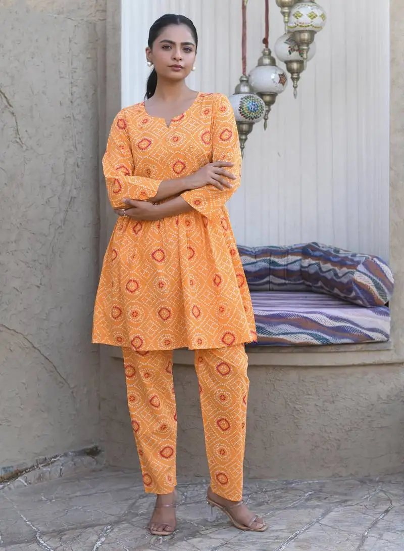 Orange printed cotton tunic with pants - set of 2