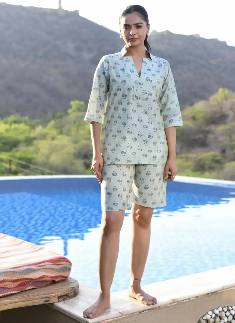 Blue printed cotton co-ord set - set of 2