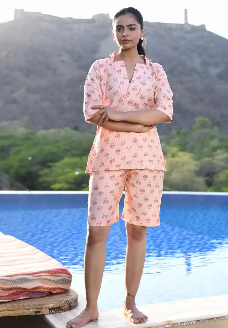 Pink printed cotton co-ord set - set of 2