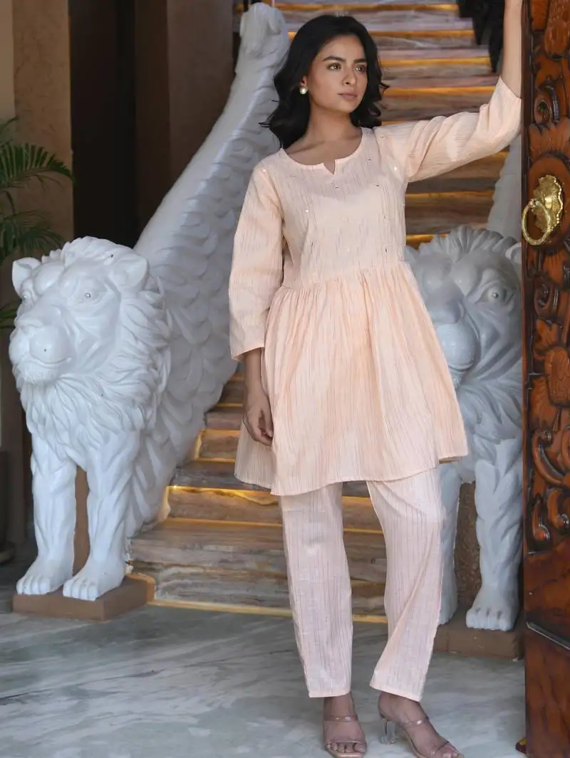 Orange embroidered cotton lurex tunic with pants - set of 2