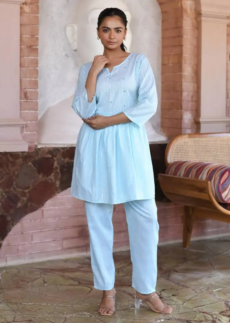Blue embroidered cotton lurex tunic with pants - set of 2