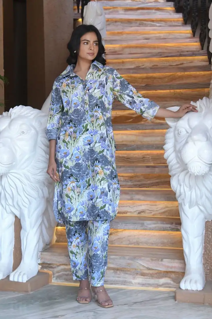 Multicolor printed cotton kurta with pants - set of 2