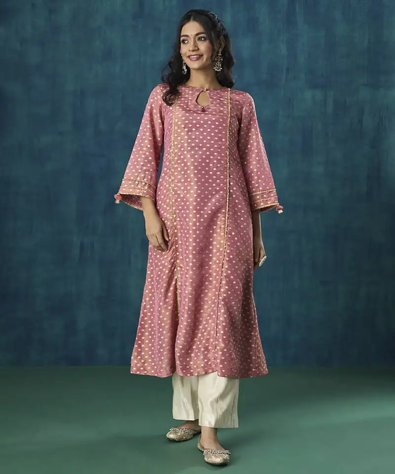 Pink zari booti kurti with lace detail