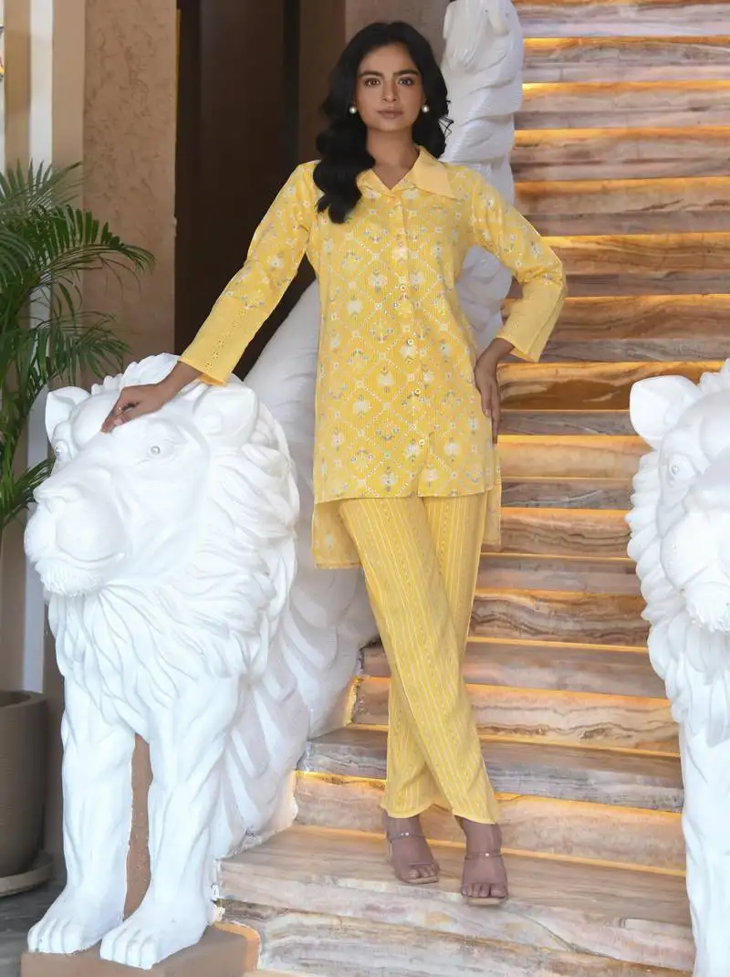 Yellow printed muslin kota co-ord set - set of 2
