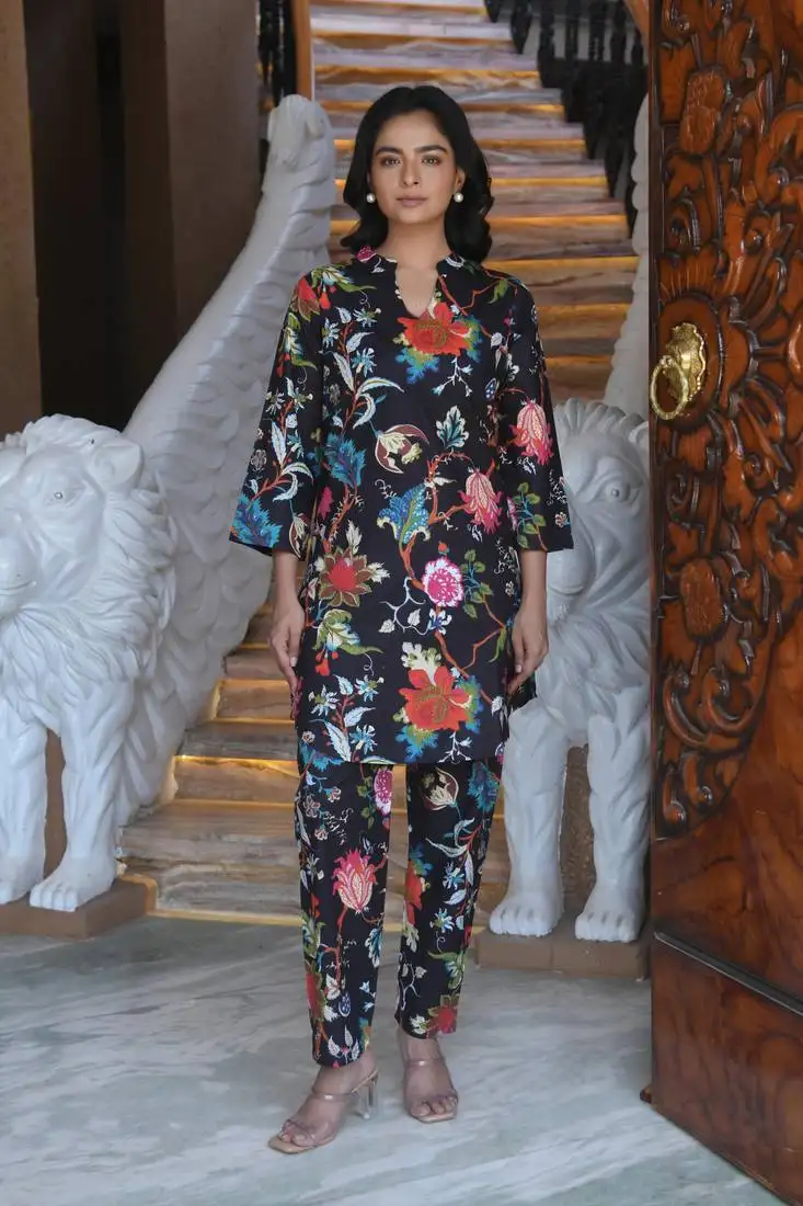 Black printed cotton tunic with pants - set of 2