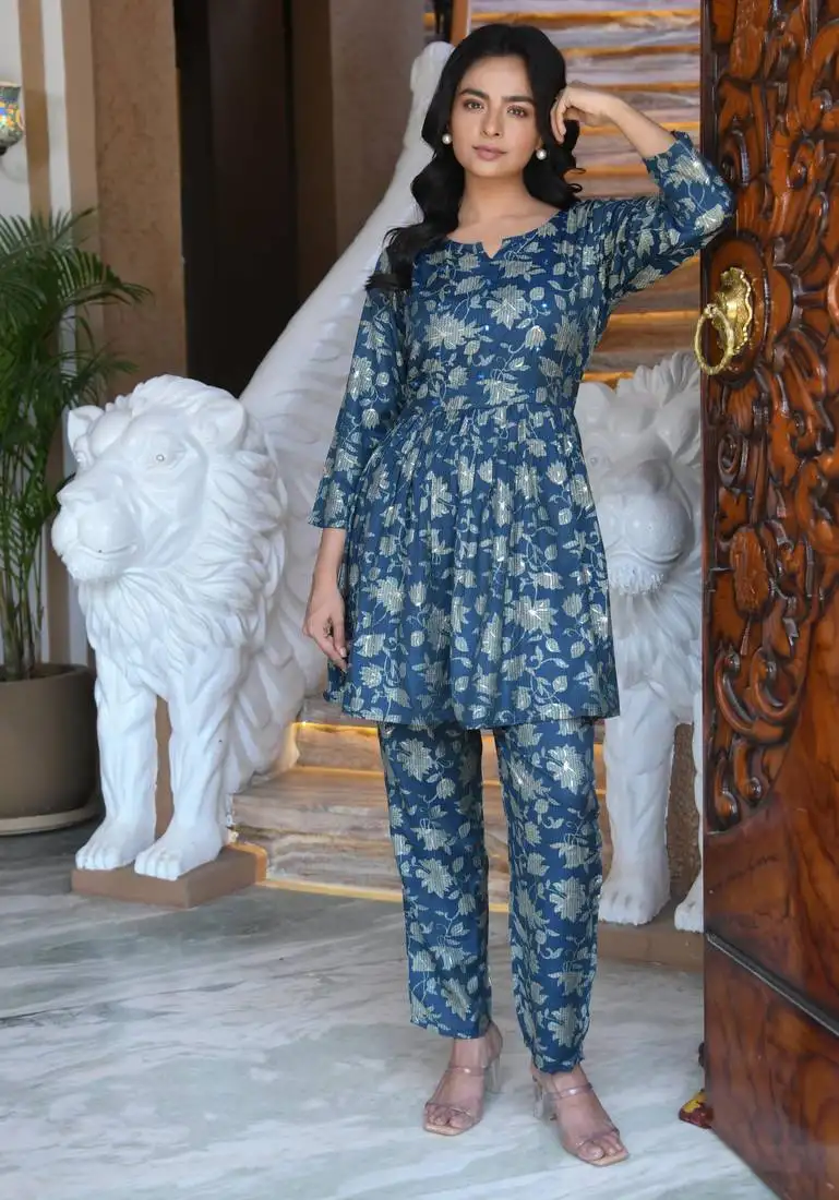 Blue grey printed cotton tunic with pants - set of 2