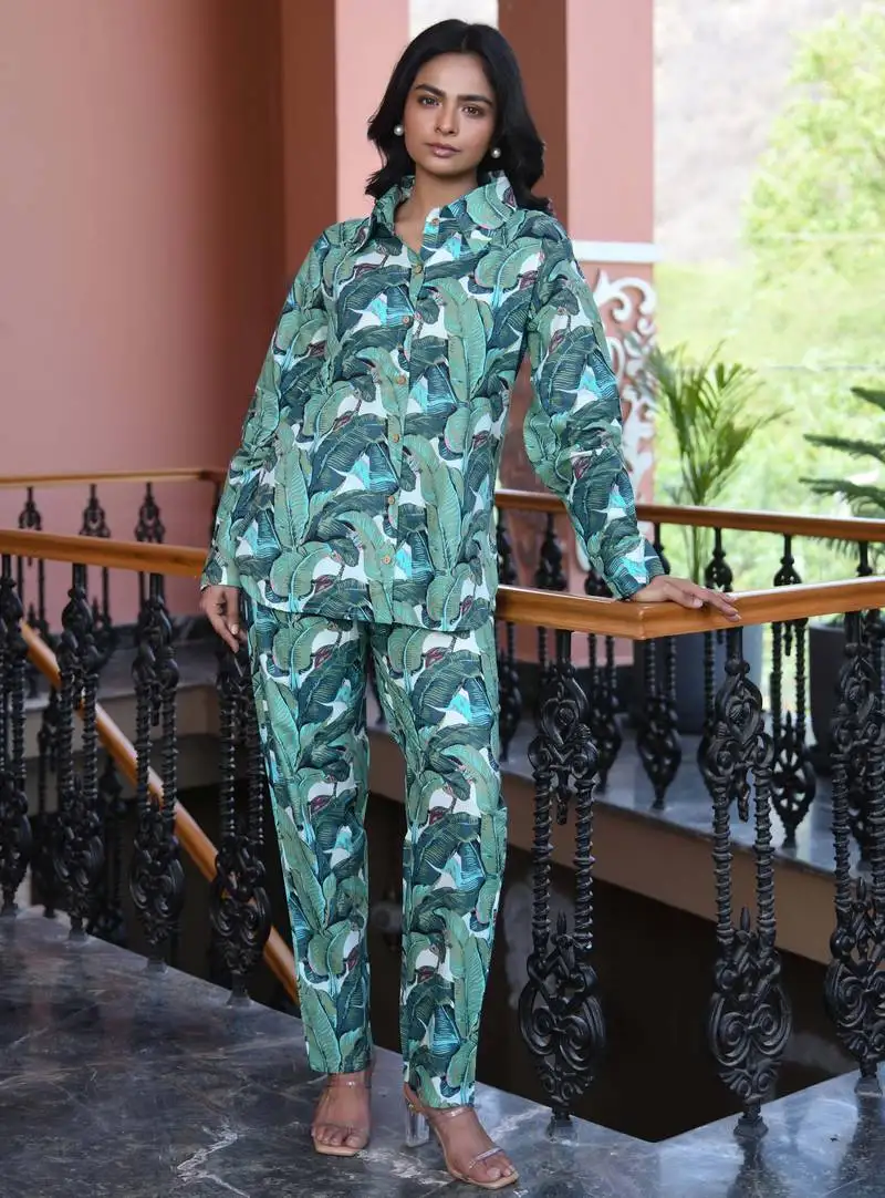 Green printed cotton co-ord set - set of 2