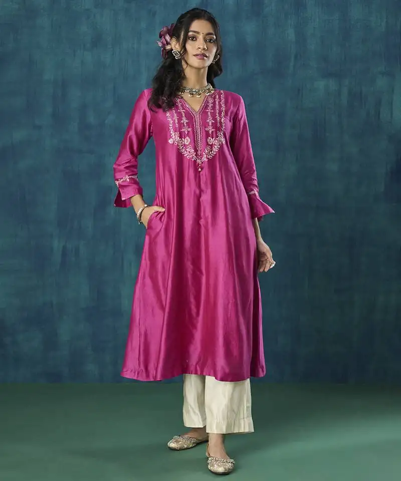 Magenta embroidered chanderi silk fabric kurti