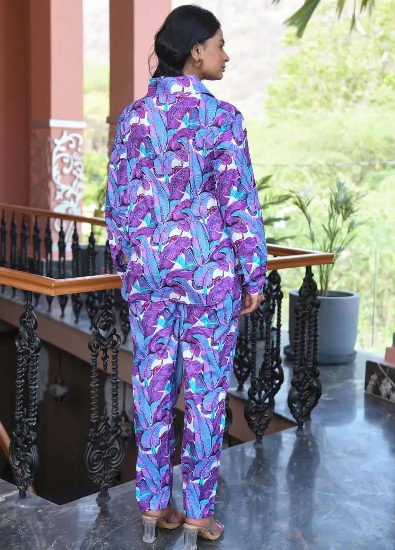 Purple blue printed cotton co-ord set - set of 2