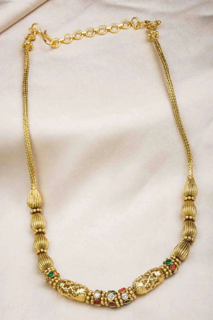 Gold finish cz stones golden beads necklace