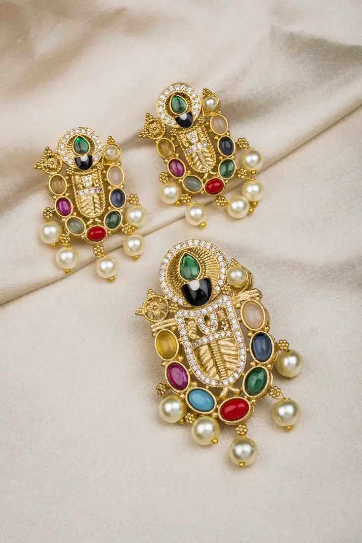 Antique finish cz and multi color stones balaji pendant set