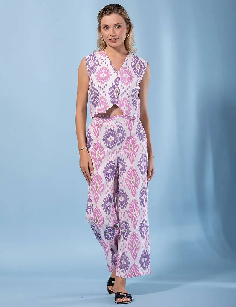 Women purple and cream pure cotton sleeveless co-orde set