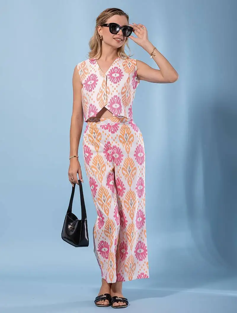 Women orange and cream pure cotton sleeveless co-orde set