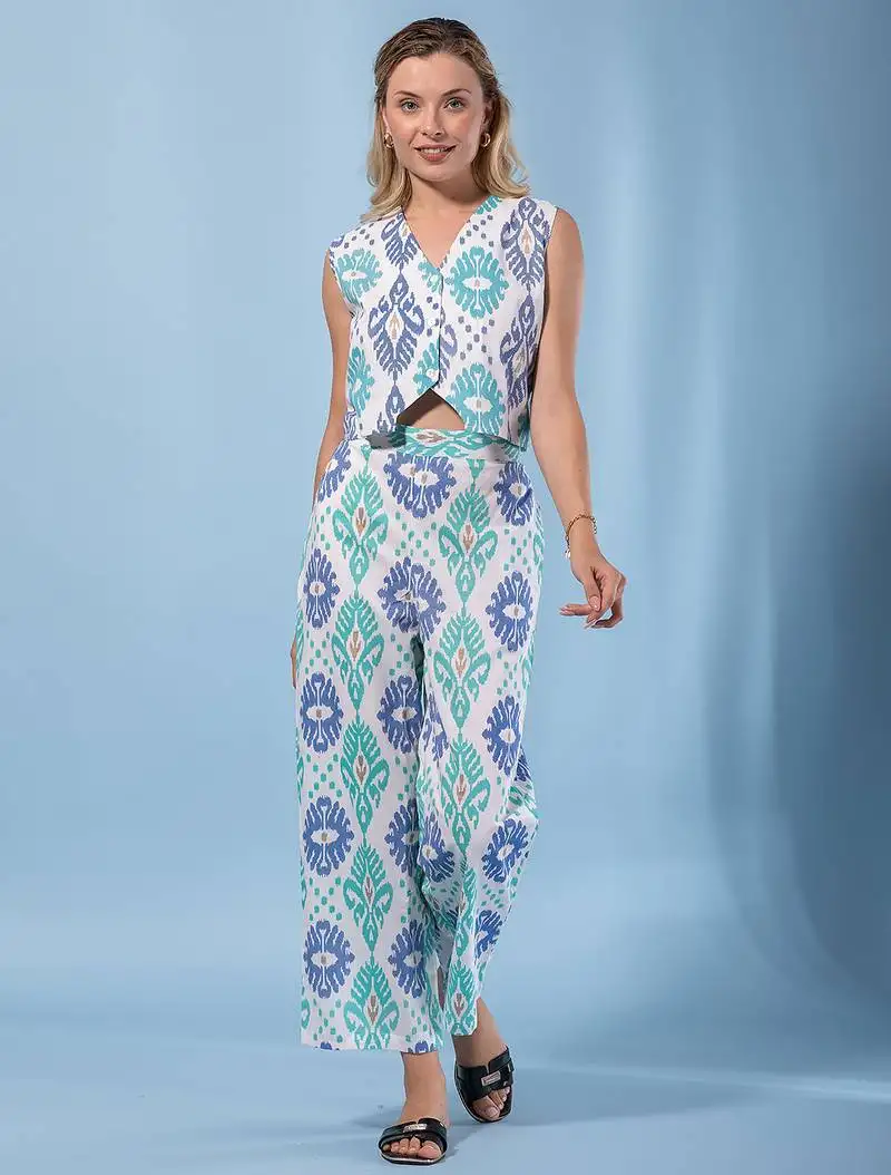 Women blue and cream pure cotton sleeveless co-orde set