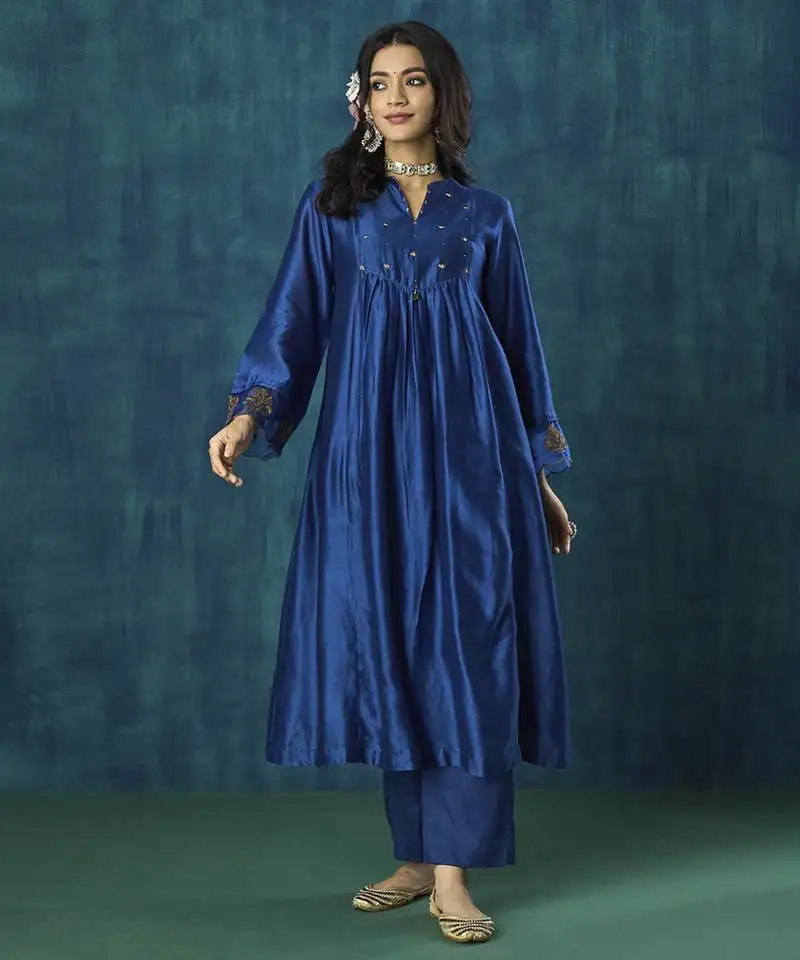 Navy blue plain chanderi silk kurti