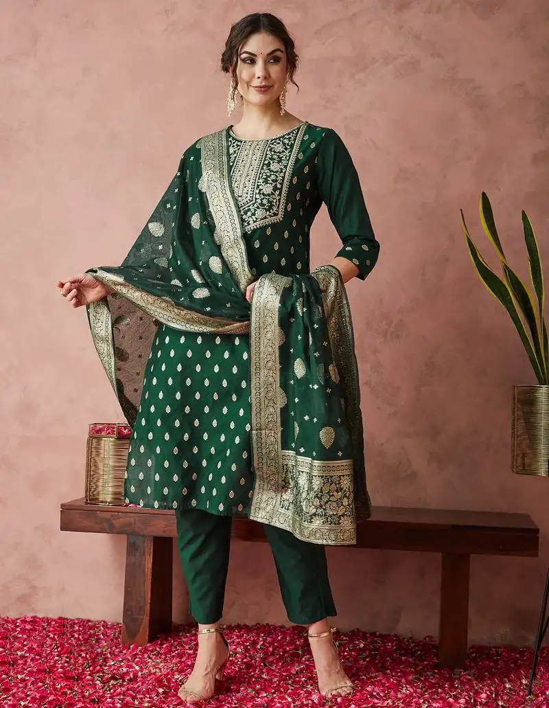 Rajgranth women's chanderi silk embroidered kurta set with jacquard dupatta stitched