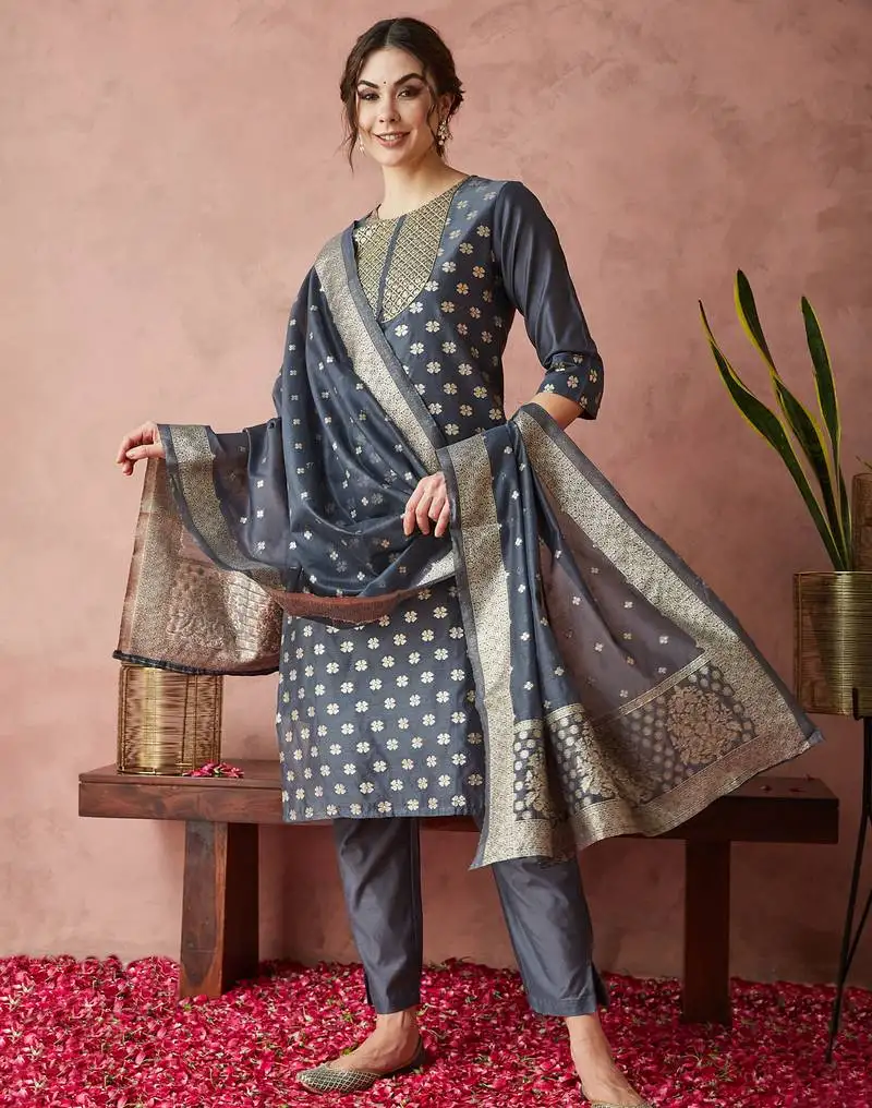 Rajgranth women's sequin work chanderi print straight side slit kurta set stitched