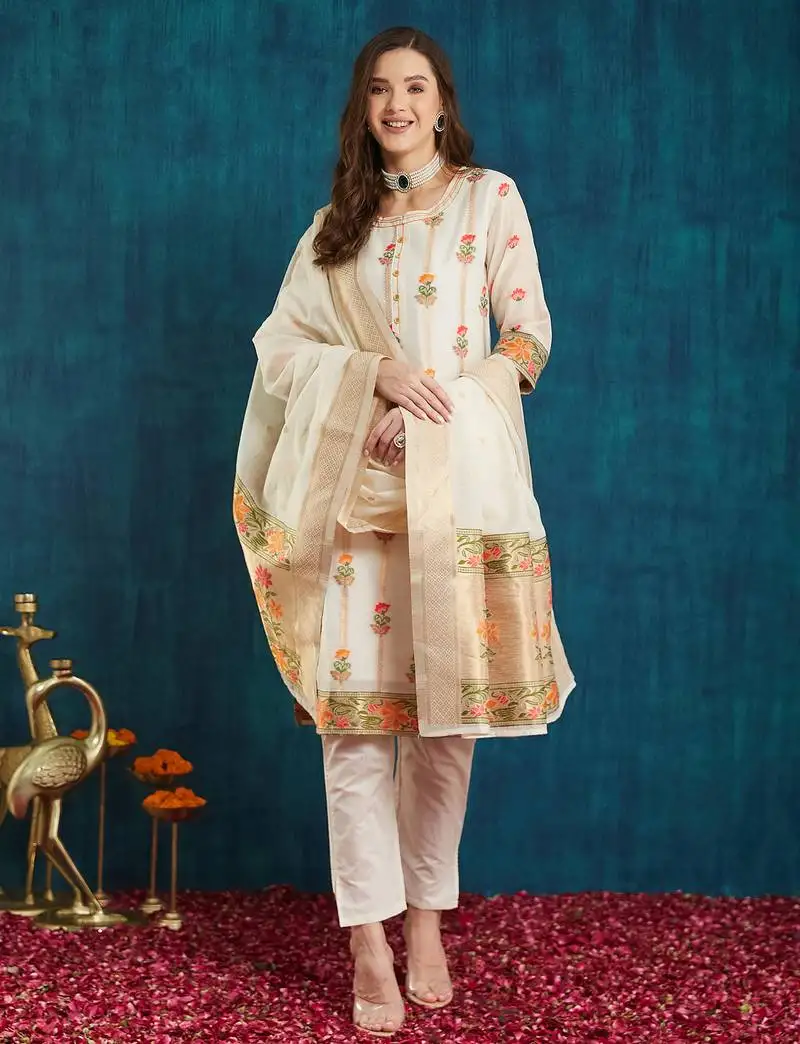 Rajgranth women's cotton chanderi fabric jacquard print kurta set with dupatta stitched