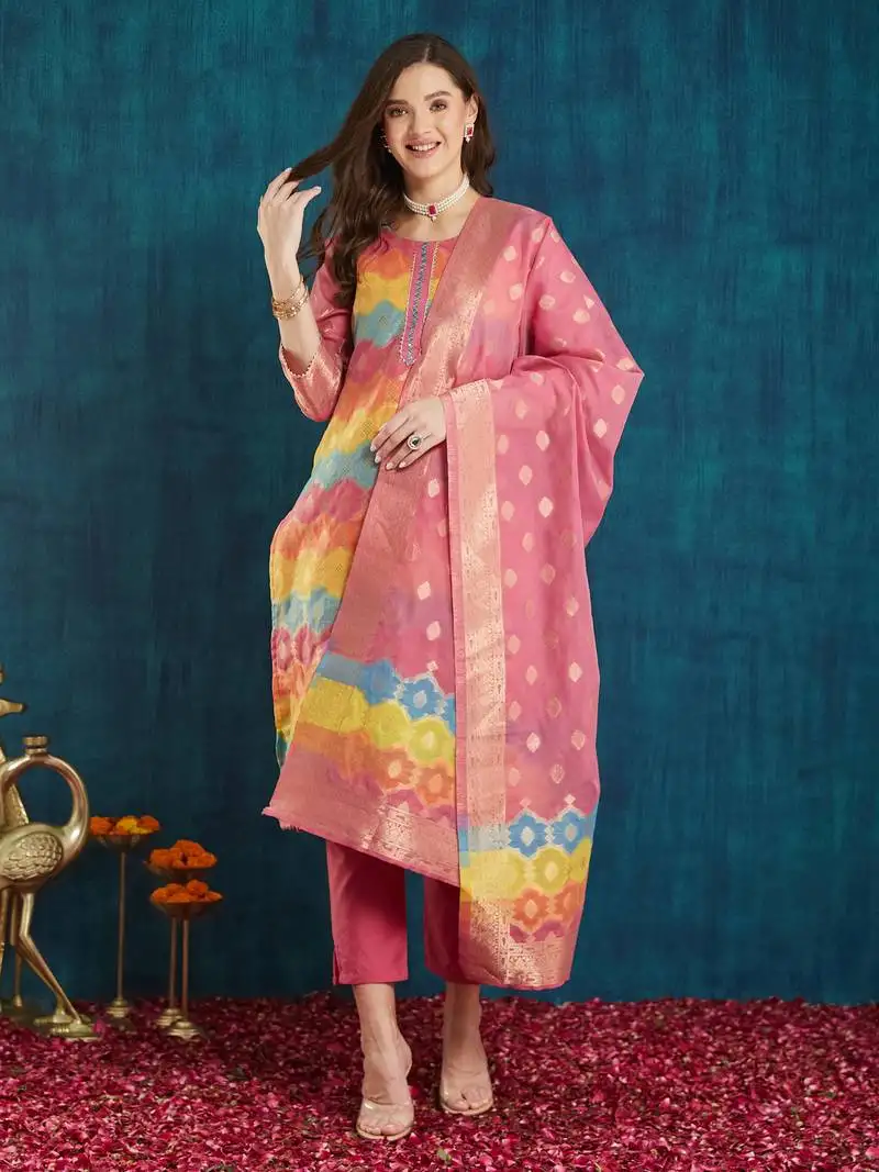 Rajgranth women's cotton chanderi fabric jacquard kurta set with jacquard print dupatta stitched