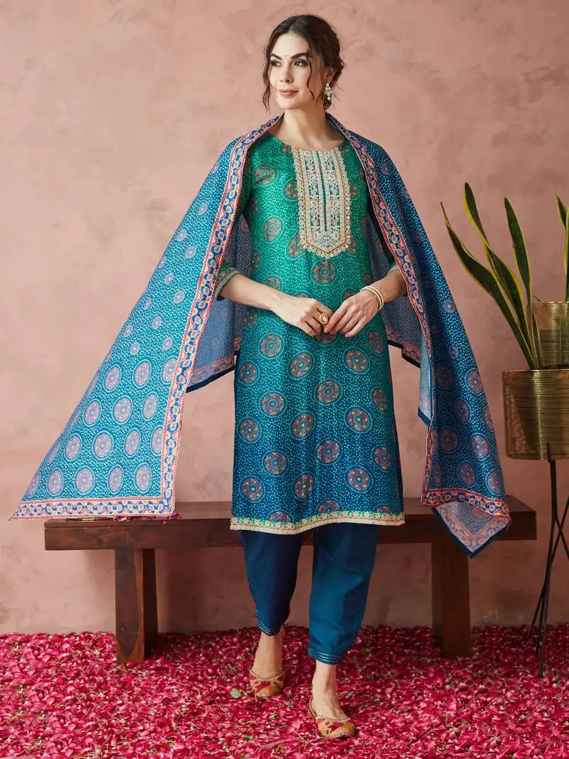 Rajgranth women's exclusive pure silk fabric bandhej print straight kurtaset with dupatta. stitched