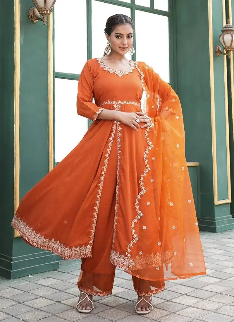 Rajgranth women's elegant roman silk front-cut anarkali kurti set with organza dupatta stitched