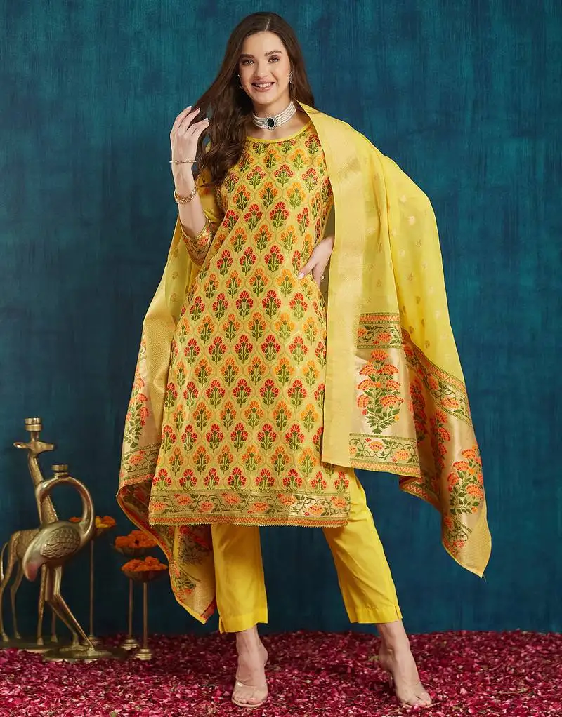 Rajgranth women's jacquard fabric jacquard print kurta set with dupatta stitched