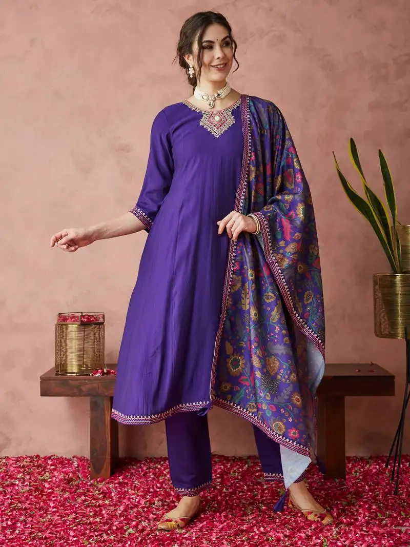 Rajgranth women's exclusive roman silk fabric hand work neckline solid print anarkali kurtaset with dupatta. stitched