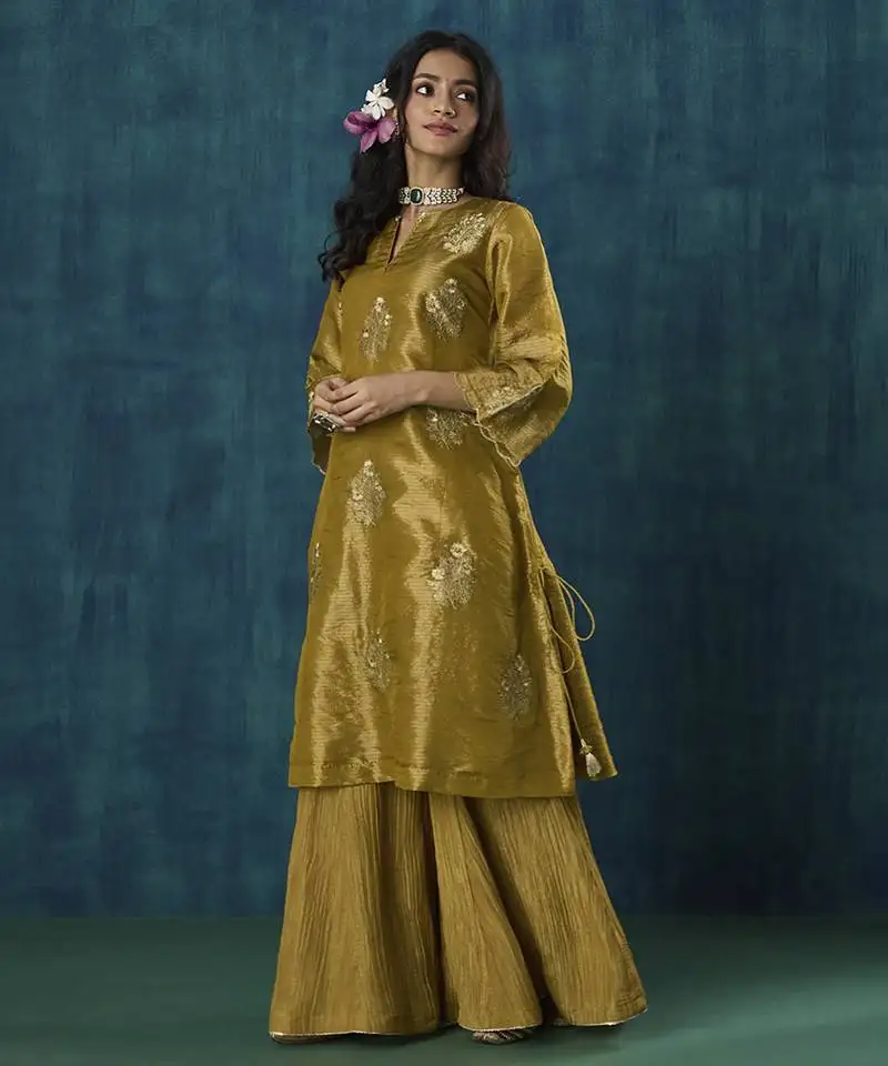 Mustard floral embroidered tissue kurti