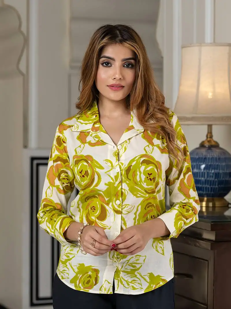 Women green and white pure cotton shirt