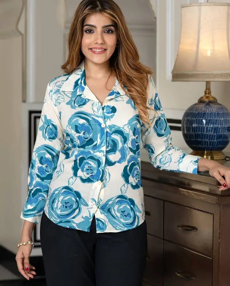 Women blue and white pure cotton shirt