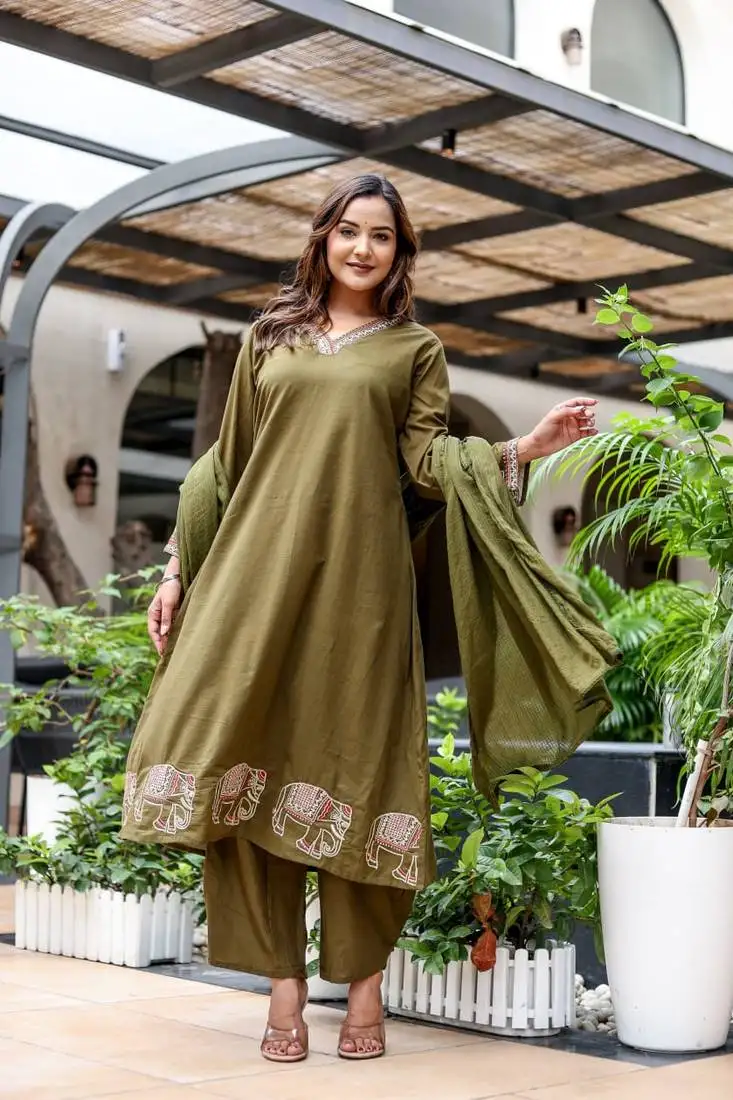 Silly cotton semi-anarkali printed kurti-pant-dupatta set