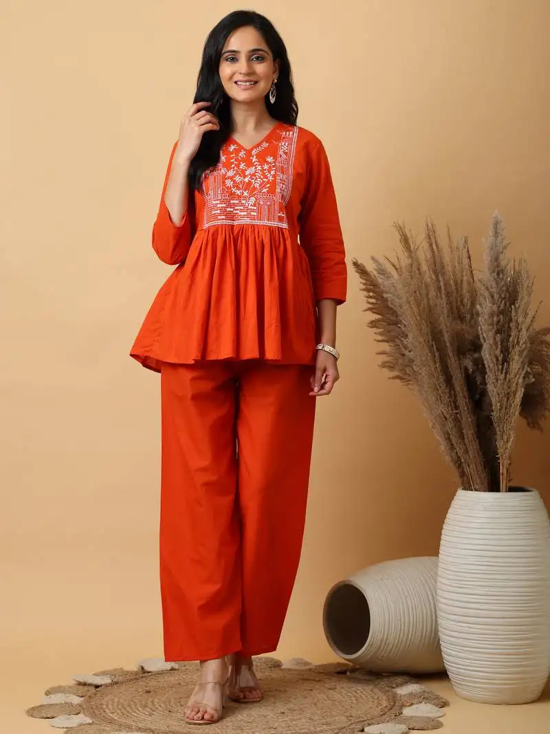 Orange cotton embroidered kurta with palazzo set stitched