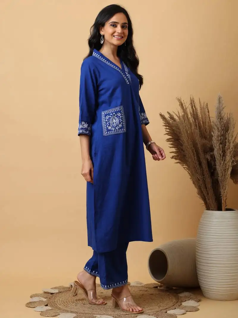 Royal blue cotton embroidered kurta with palazzo set stitched