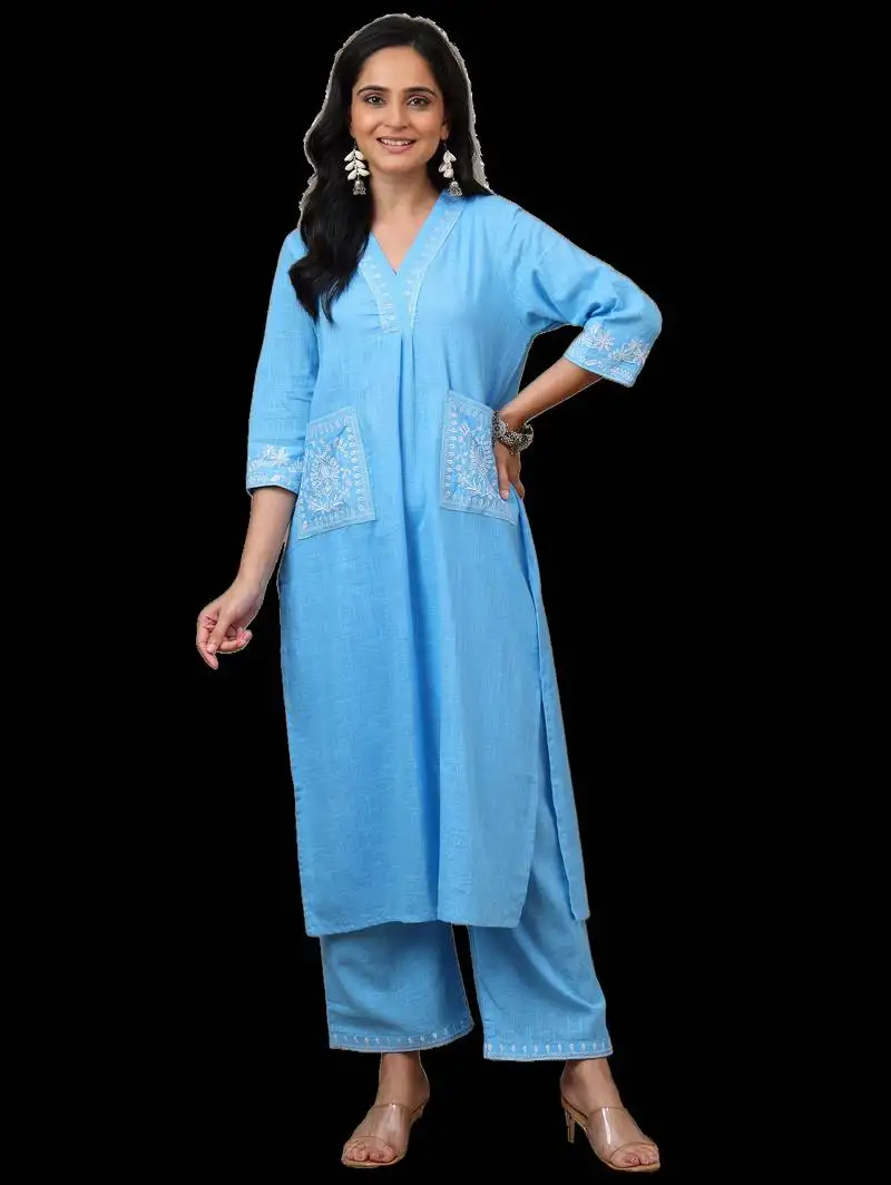 Sky blue cotton embroidered kurta with palazzo set stitched
