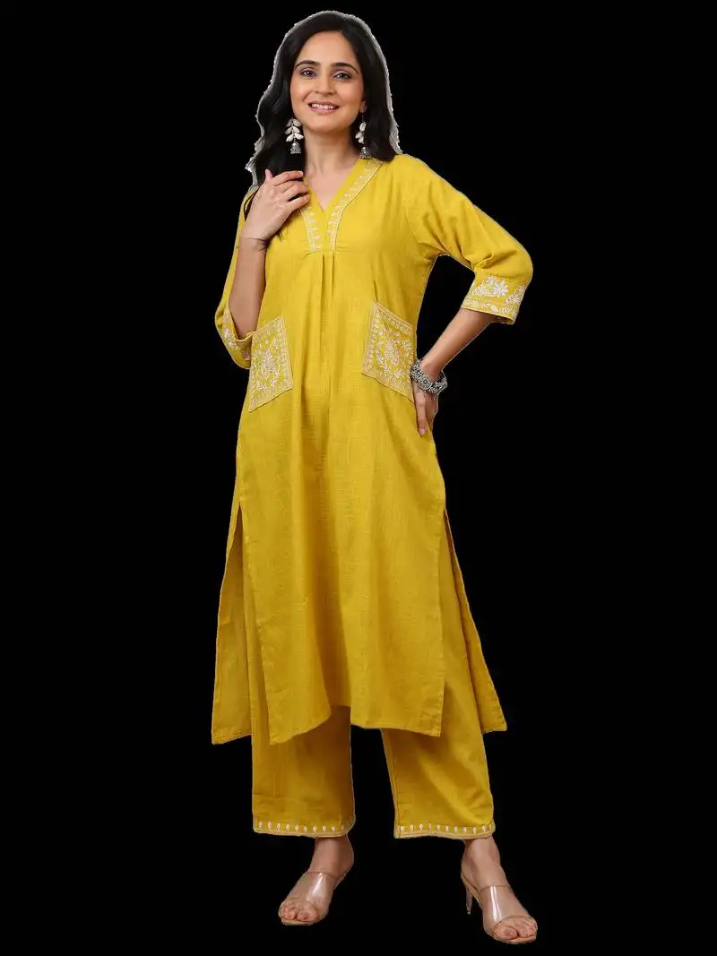 Yewllo cotton embroidered kurta with palazzo set stitched