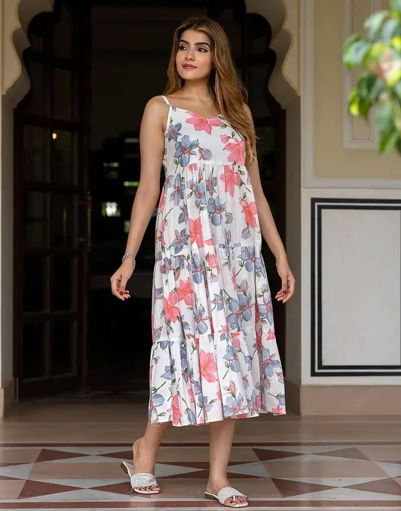 Women pink and white pure cotton fit & flare dresses