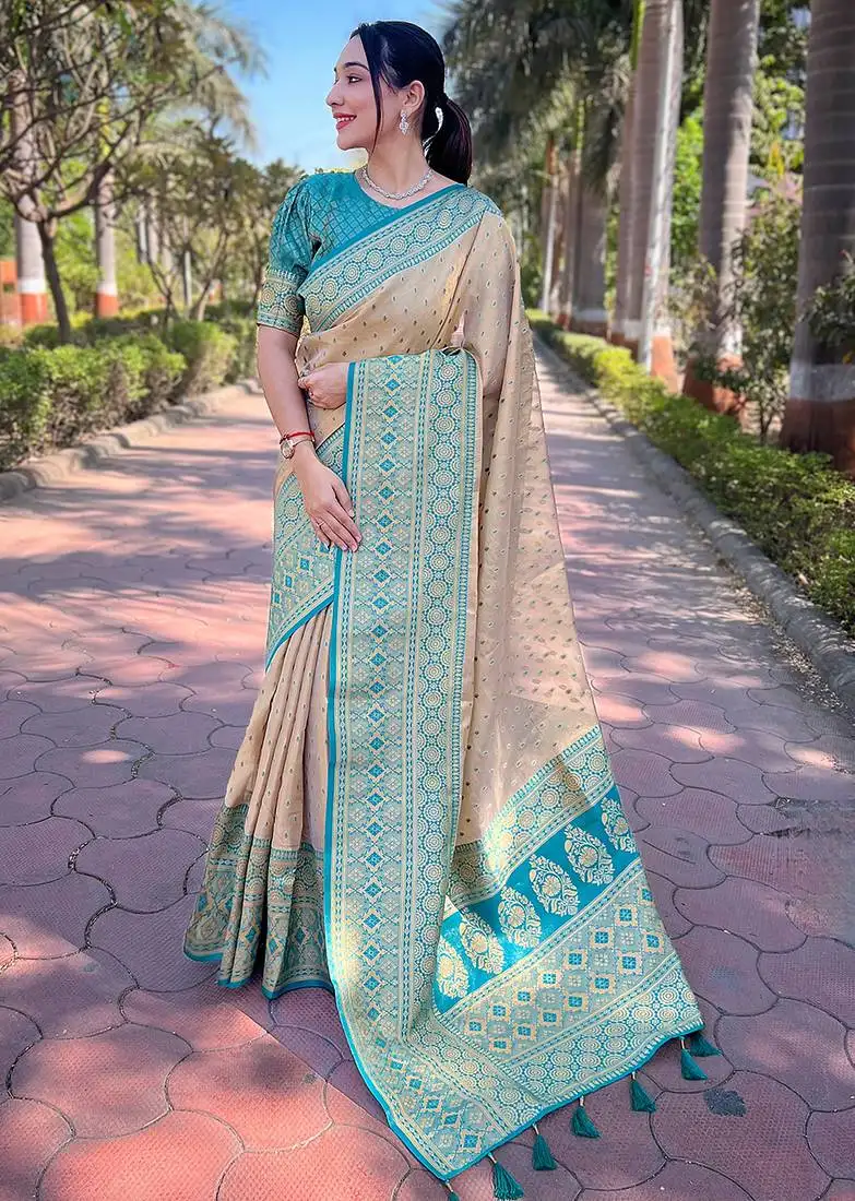 Beige weaving jari designer tissue silk saree with blouse piece