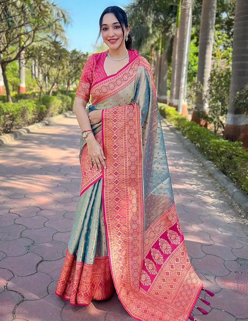 Grey weaving jari designer tissue silk saree with blouse piece