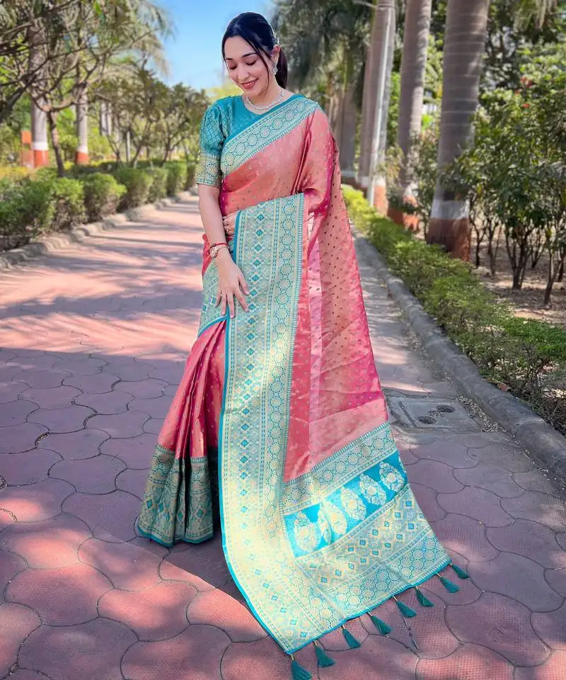 Pink weaving jari designer tissue silk saree with blouse piece