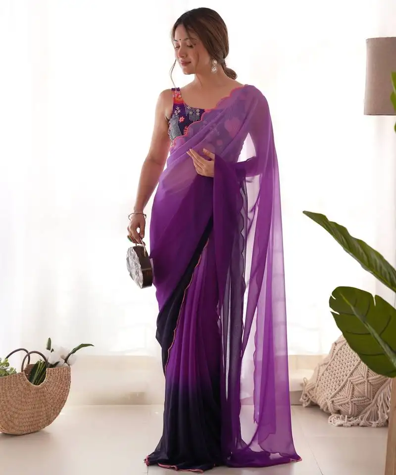 Purple pedding color embroidery work faux georgette saree with blouse piece